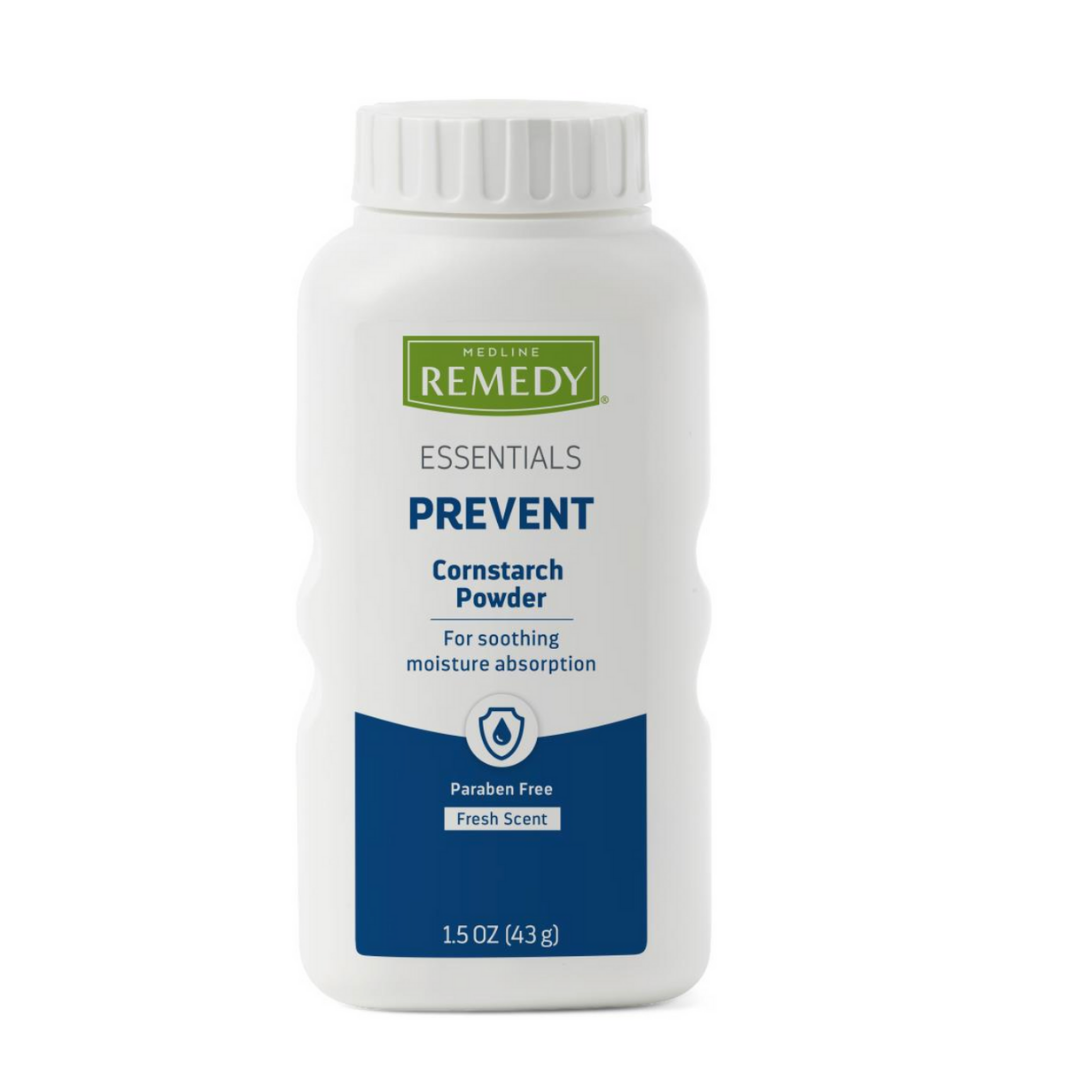 A white 1.5 oz bottle of Medline Remedy Essentials Cornstarch Body Powder features a talc-free, paraben-free formula with a fresh scent that protects skin and soothes with effective moisture absorption.